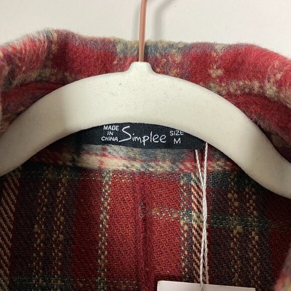 Simplee Plaid Flannel Long Shacket Red Womens Medium Button Front - Picture 3 of 7